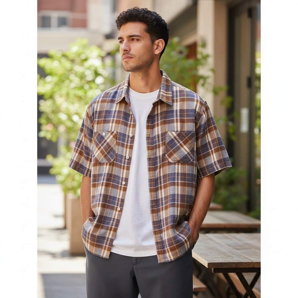 Billy Reid Mens XXL Plaid Short Sleeve Button Down Shirt Cotton Linen USA Made